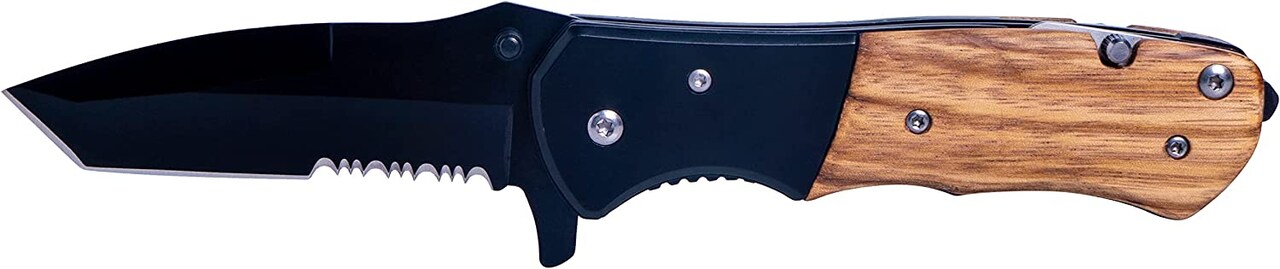 Makerflo Beast Wooden Pocket Knife, Tactical Spring Assisted Steel Blade, Belt Clip, Opener, Rope & Seatbelt Cutter, Glass Breaker for Hunting, Hiking, Self Defence, Gifts for Him, Natural Wood